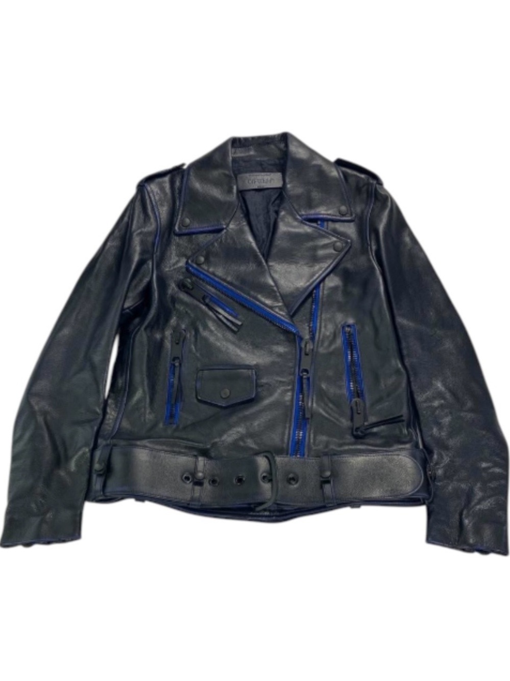 Off-White  vintage biker Black Jacket with Cobalt Blue Tag Accent
